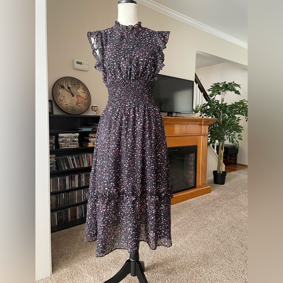 AQUA Flutter Sleeve Midi Sheer Fabric Dress Smocked Waist Confetti Print Size XS - Picture 3 of 13